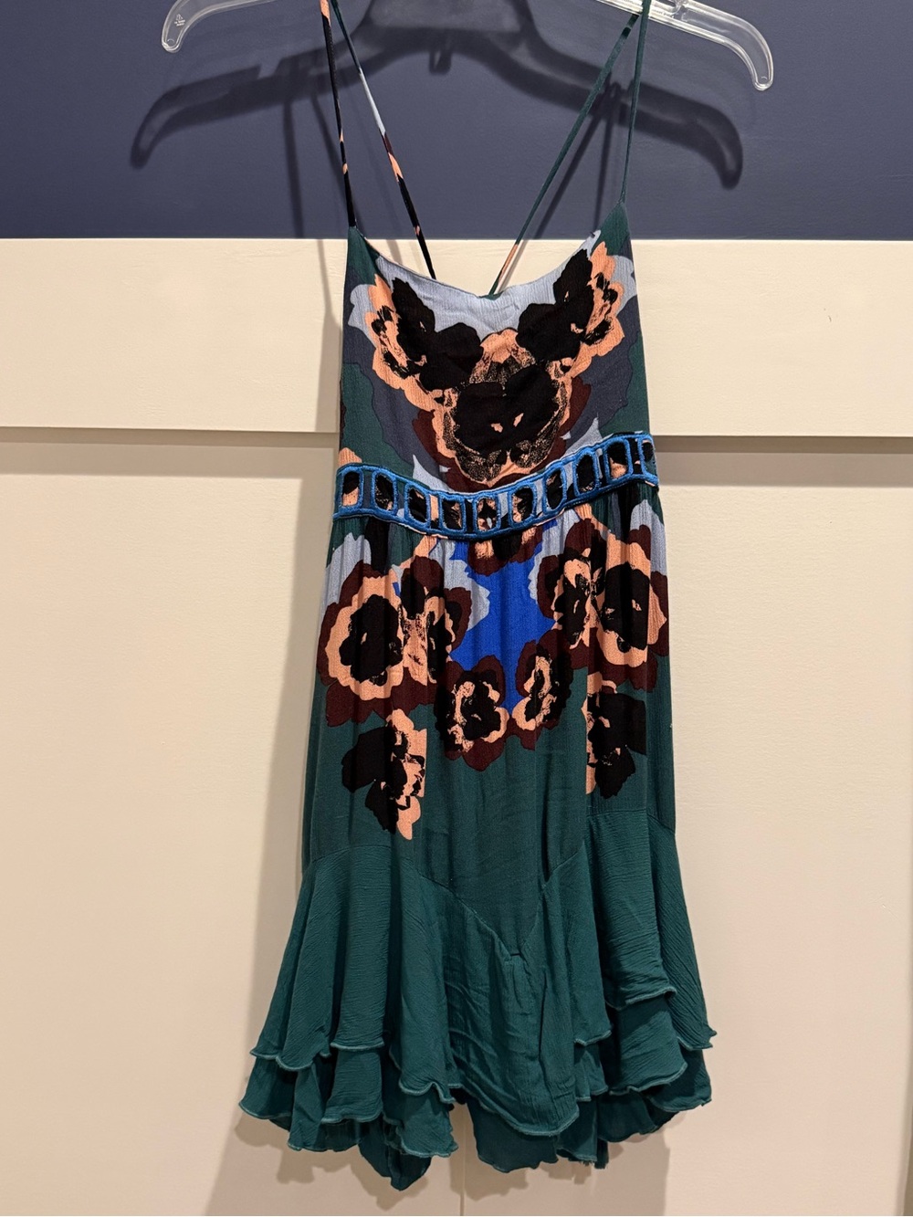 Free People Teal Floral Spaghetti-Strap Mini Dress Size XS